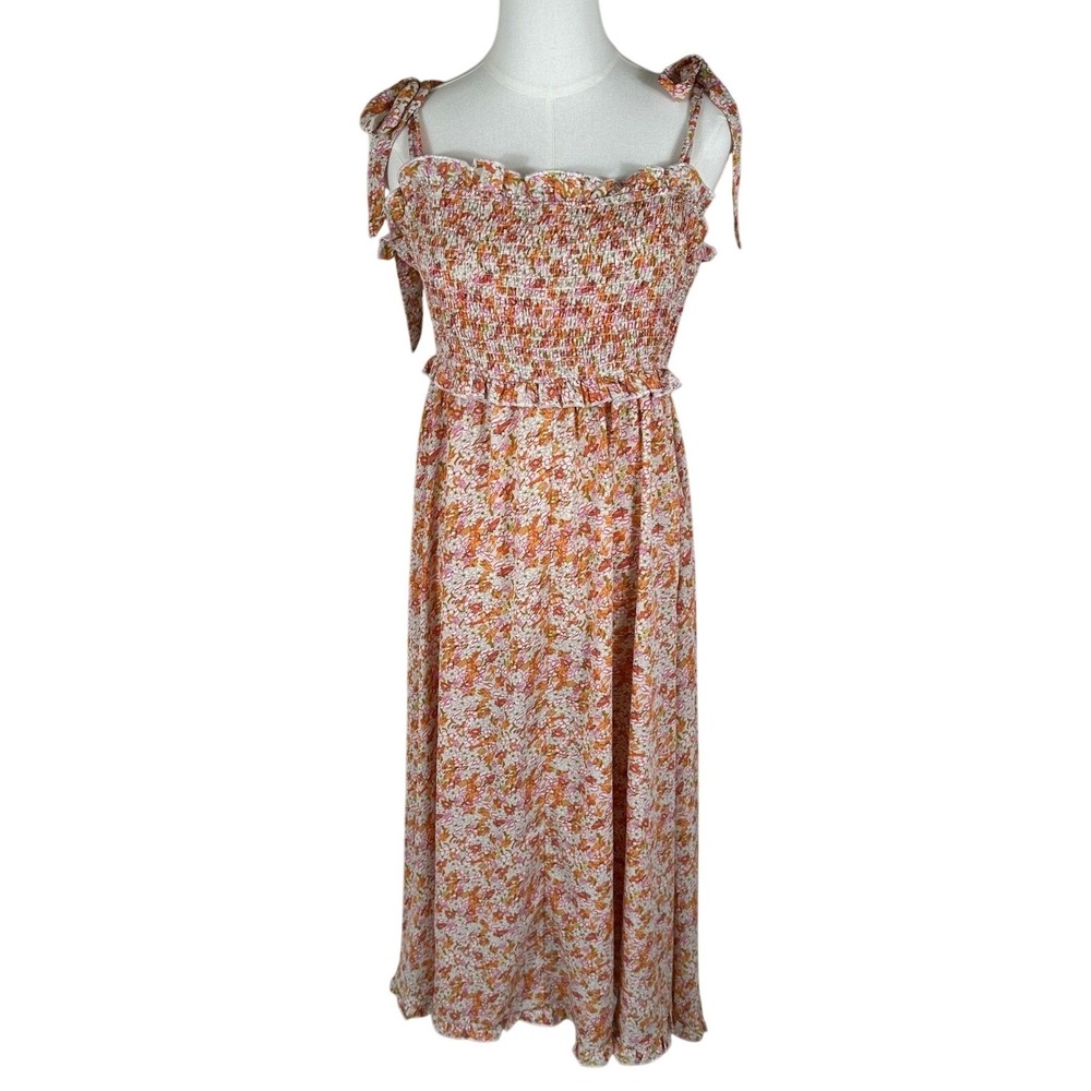 MVN THE LABEL Dress Womens 8 Orange Floral Smocked Tie Shoulder Cottagecore Boho